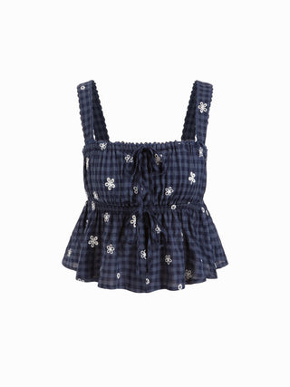 Cotton-blend Gingham Floral Lace Trim Tie Front Crop Cami Blouse