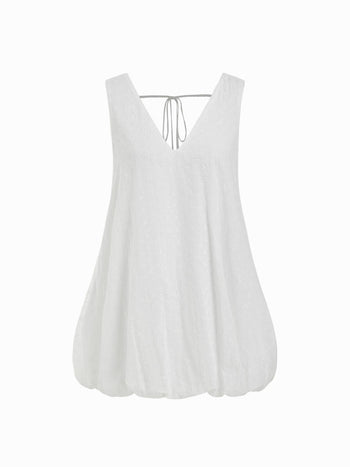 Cotton Lace Jacquard V-neck Bubble Hem Oversized Mini Dress