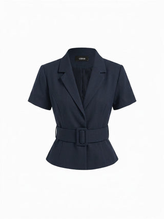 Collar Short Sleeve Peplum Belted Blazer With Shoulder Pads