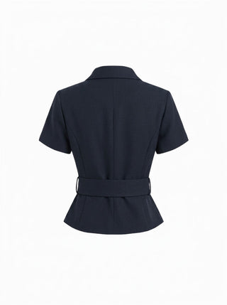 Collar Short Sleeve Peplum Belted Blazer With Shoulder Pads