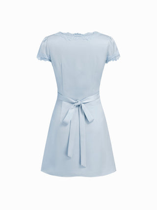 Square Neck Lace Panel Slip Knotted Mini Dress