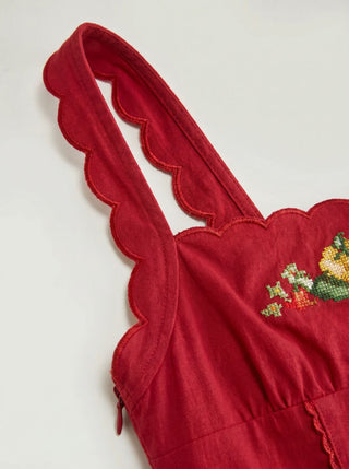 Linen-blend Square Neck Fruit Embroidery Flared Maxi Dress