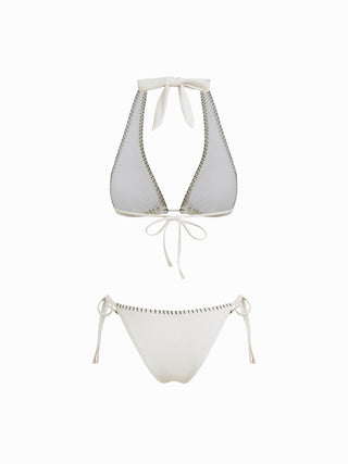 Knit Fabric Halter Lemon Embroidery Contrast Binding Triangle Tie Side Bikini Set For Vacation Holiday Beach
