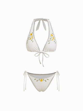 Knit Fabric Halter Lemon Embroidery Contrast Binding Triangle Tie Side Bikini Set For Vacation Holiday Beach
