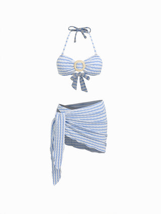 Cotton-blend Halter Neckline Striped O-Ring Low Rise Cheeky Bikini Set With Sarong