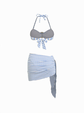 Cotton-blend Halter Neckline Striped O-Ring Low Rise Cheeky Bikini Set With Sarong