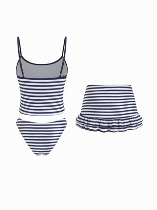Striped Dog Graphic Scoop Neck 3 Piece Bikini Set With Ruffle Skirt