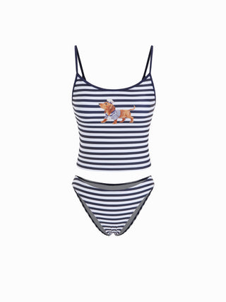 Striped Dog Graphic Scoop Neck 3 Piece Bikini Set With Ruffle Skirt