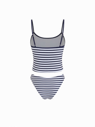 Striped Dog Graphic Scoop Neck 3 Piece Bikini Set With Ruffle Skirt