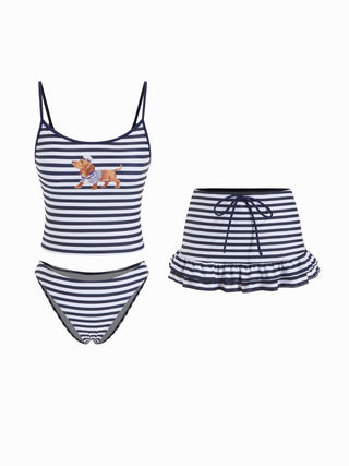 Striped Dog Graphic Scoop Neck 3 Piece Bikini Set With Ruffle Skirt