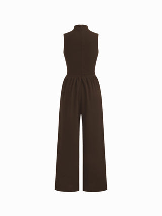 High Neck Solid Cut Out Patched Wide Leg Jumpsuit