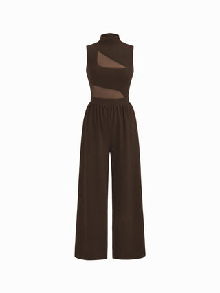 High Neck Solid Cut Out Patched Wide Leg Jumpsuit