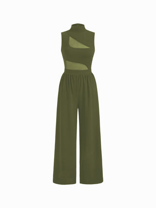 High Neck Solid Cut Out Patched Wide Leg Jumpsuit