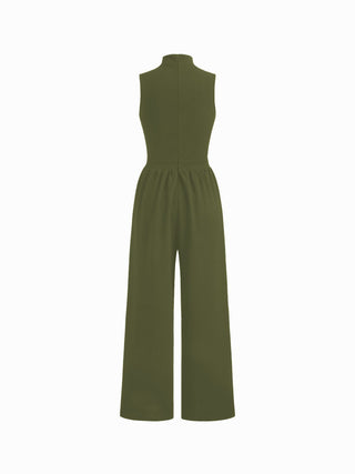 High Neck Solid Cut Out Patched Wide Leg Jumpsuit