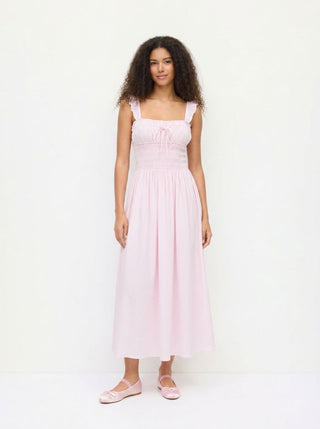 Cotton Cotton-blend Ruched Ruffle Sleeve Shirred Milkmaid Maxi Dress For Daily Casual Vacation