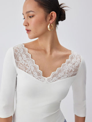 Knit Fabric Cotton-blend V-neck Bell Sleeve Lace Panel Tee For Daily Casual Date