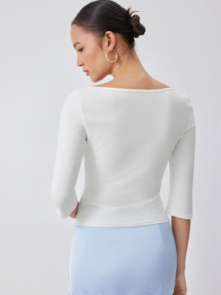 Knit Fabric Cotton-blend V-neck Bell Sleeve Lace Panel Tee For Daily Casual Date