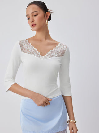 Knit Fabric Cotton-blend V-neck Bell Sleeve Lace Panel Tee For Daily Casual Date