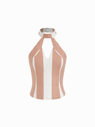 Halter Neck Stripe Cutout Cami Top