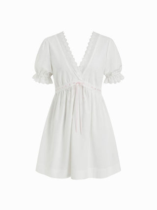 Linen-blend Linen-blend V-neck Puff Sleeve Lace Trim Mini Nightdress For Home Bedroom