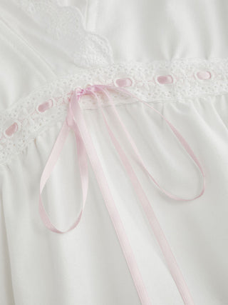 Linen-blend Linen-blend V-neck Puff Sleeve Lace Trim Mini Nightdress For Home Bedroom