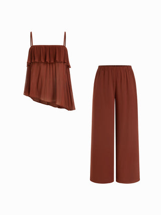 Stand Collar Pleated Oversized Top & Mid Rise Straight Leg Trousers Set