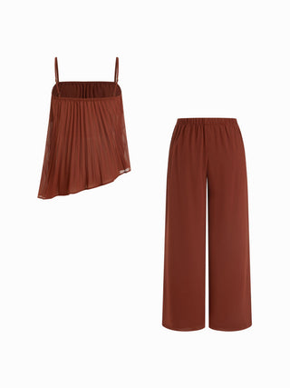 Stand Collar Pleated Oversized Top & Mid Rise Straight Leg Trousers Set