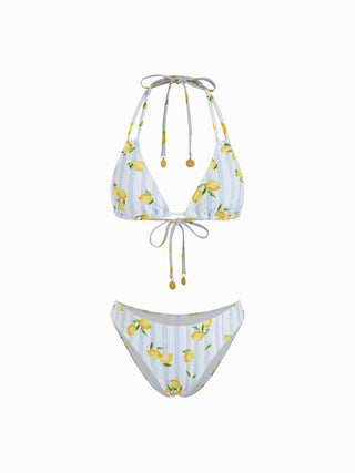 Jersey Fruit Halter Neckline Metal Detail Triangle Bikini Set With Sarong For Vacation Holiday Beach