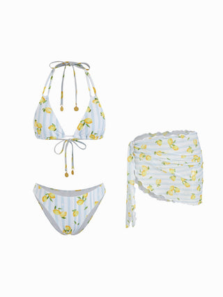 Jersey Fruit Halter Neckline Metal Detail Triangle Bikini Set With Sarong For Vacation Holiday Beach