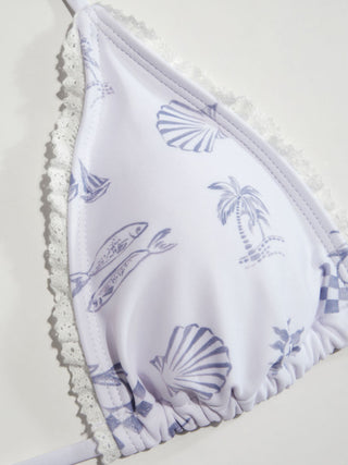 Halter Neckline Placement Graphic Ruffle Bikini with Swim Cap