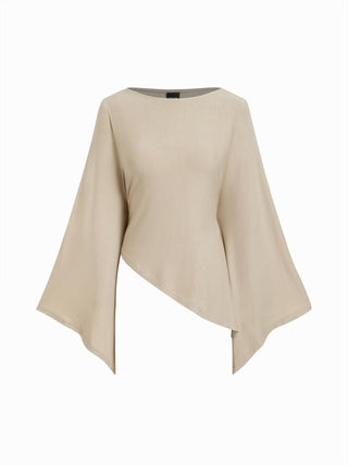 Boat Neck Batwing Long Sleeve Asymmetrical Blouse