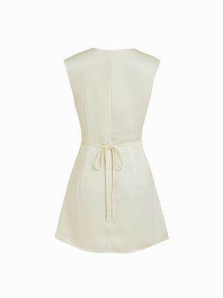 Satin V-neck Ruched Knotted Tie Back Mini Dress