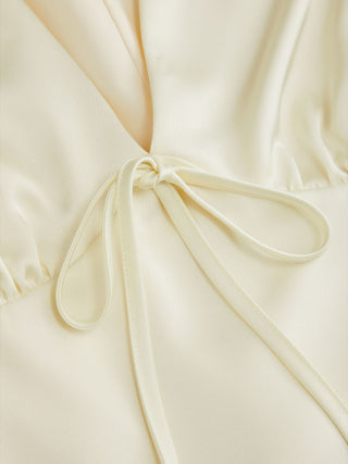 Satin V-neck Ruched Knotted Tie Back Mini Dress