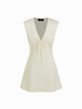 Satin V-neck Ruched Knotted Tie Back Mini Dress