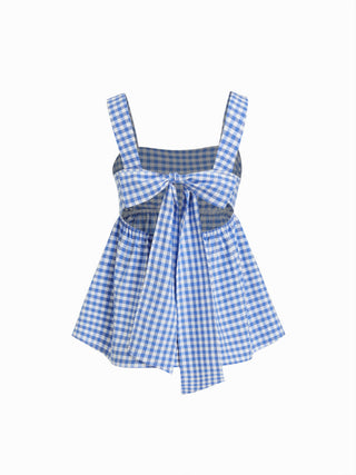Woven Cotton-blend Gingham Square Neck Bowknot A-line Cami Top For Daily Casual Picnic