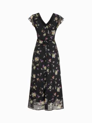 Chiffon Floral V-neck Ruffle Sleeve Lace Trim A-line Maxi Dress