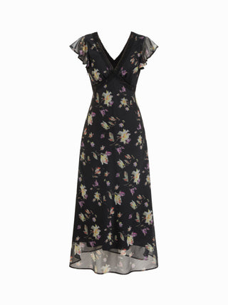 Chiffon Floral V-neck Ruffle Sleeve Lace Trim A-line Maxi Dress