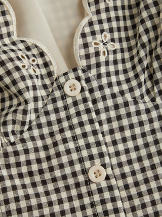 Cotton-blend Gingham V-neck Scallop Hem A-line Mini Dress