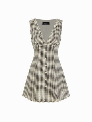 Cotton-blend Gingham V-neck Scallop Hem A-line Mini Dress