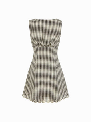 Cotton-blend Gingham V-neck Scallop Hem A-line Mini Dress