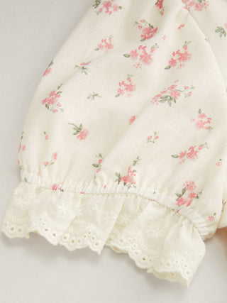 Floral Peter Pan Collar Puff Sleeve Lace Trim Mid Rise Romper