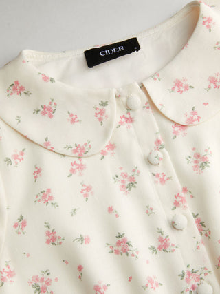 Floral Peter Pan Collar Puff Sleeve Lace Trim Mid Rise Romper