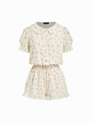 Floral Peter Pan Collar Puff Sleeve Lace Trim Mid Rise Romper