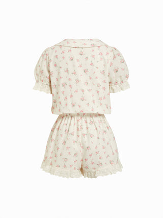 Floral Peter Pan Collar Puff Sleeve Lace Trim Mid Rise Romper