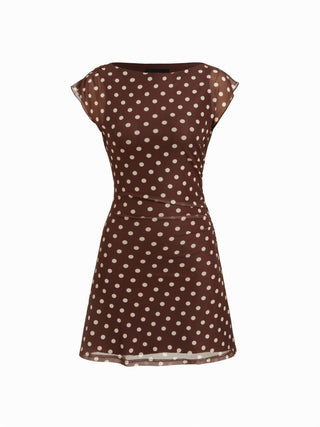 Mesh Polka Dot Short Sleeve Ruched A-line Mini Dress