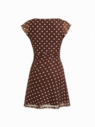 Mesh Polka Dot Short Sleeve Ruched A-line Mini Dress