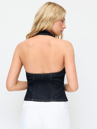 Denim Stretch Denim Washed Halter Neck Zip Through Crop Top For Daily Casual Party/Clubbing