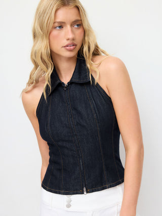 Denim Stretch Denim Washed Halter Neck Zip Through Crop Top For Daily Casual Party/Clubbing