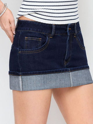 Denim Denim Low Rise Washed Rolled Hem Metal Detail Pencil Mini Skirt For School Daily Casual