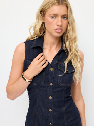 Denim Stretch Denim Washed Metal Detail Shirt Mini Dress For School Daily Casual